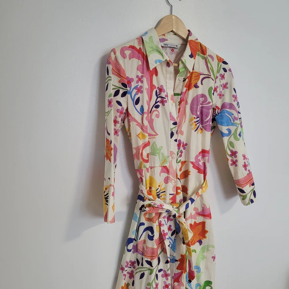 Zara Floral Midi Shirt Dress Long Sleeve Size S Tie Belt Watercolor Flowers - Picture 4 of 14